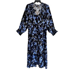 Talbots Sz XL Blue Split Neck Midi Dress Elastic Waist Smocked Cuffs