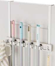 Broom and Mop Holder Over the Door, Broom Holder with 4 Racks and 2 Hooks Met...