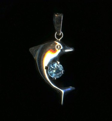 New 10K 26mm Solid White Gold Round Blue Topaz Solitaire Dolphin Fish Pendant ch