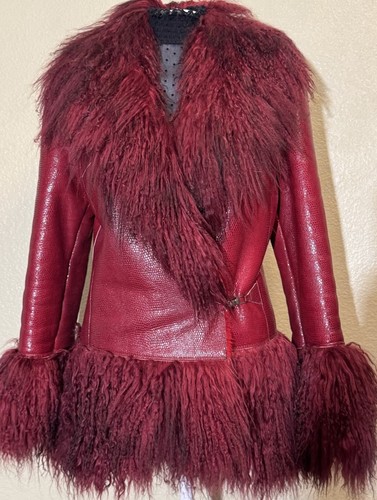 Real Shearling Textured Leather Genuine Mongolian Lamb Fur Trim Shaggy Luxury. L