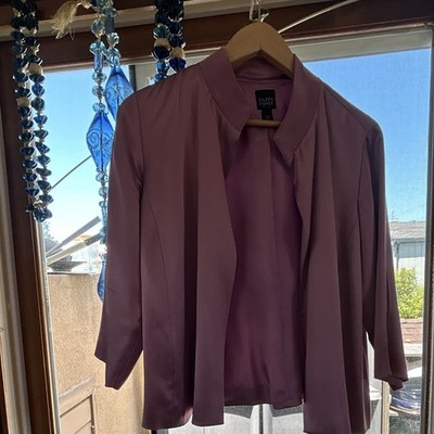 EILEEN FISHER Petites PM Purple Solid Silk Collared 3/4 Sleeve Open Blouse