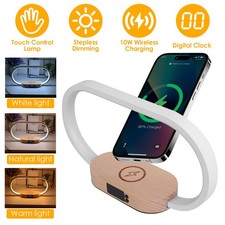 3 in 1 Wireless Charger  LED Bedside Lamp  Clock Dimmable Touch Sensor Lamp