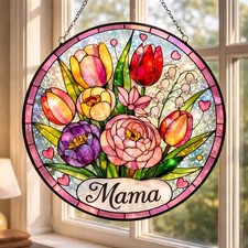 Mama Floral Stained Glass Suncatcher Round Flower Bouquet Window Hanging Mother
