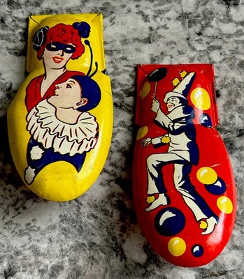 Vtg 1950s Kirchhof Tin Lithographed Masquerade Party X2 Clickers Noisemakers 4 