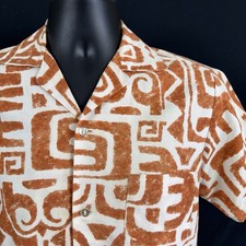 VIntage 60's Orange/Ivory Tiki AOP Mr.Kailua Hawaiian Shirt Camp Made In Hawaii