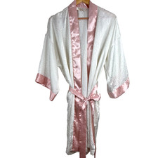 VICTORIAS SECRET Robe OS Vintage Gold Label White Floral Kimono Cottage Bridal