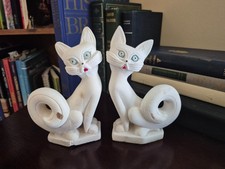 Vintage Carved Saltstone Funky White Cat Bookend Figurines Italy MCM Kitschy