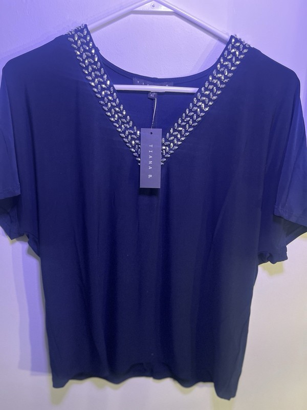 Tiana B Extra Small Rhinestone Neckline Short Sleeve Blouse Navy Blue