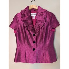 Y2K Vintage Victor Costa Women Pink Metallic Ruffle Collar Short Jacket Size 8