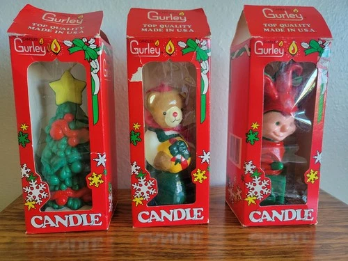 Lot of 3 Gurley Christmas Candles Jack in the box Tree Bear with boxes 6" - product listing photo