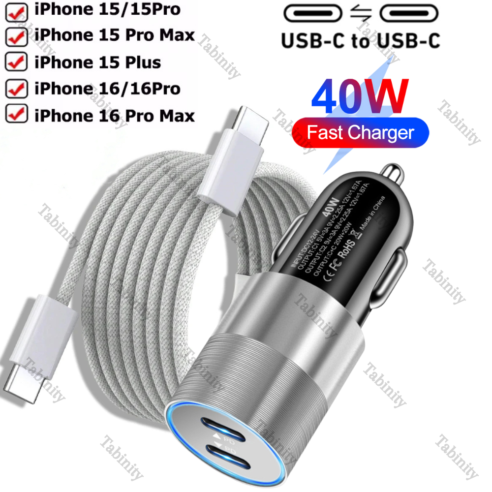 40W Fast Car Charger Braided Dual USB Type C Cable For iPhone 15 16 Pro Max Plus