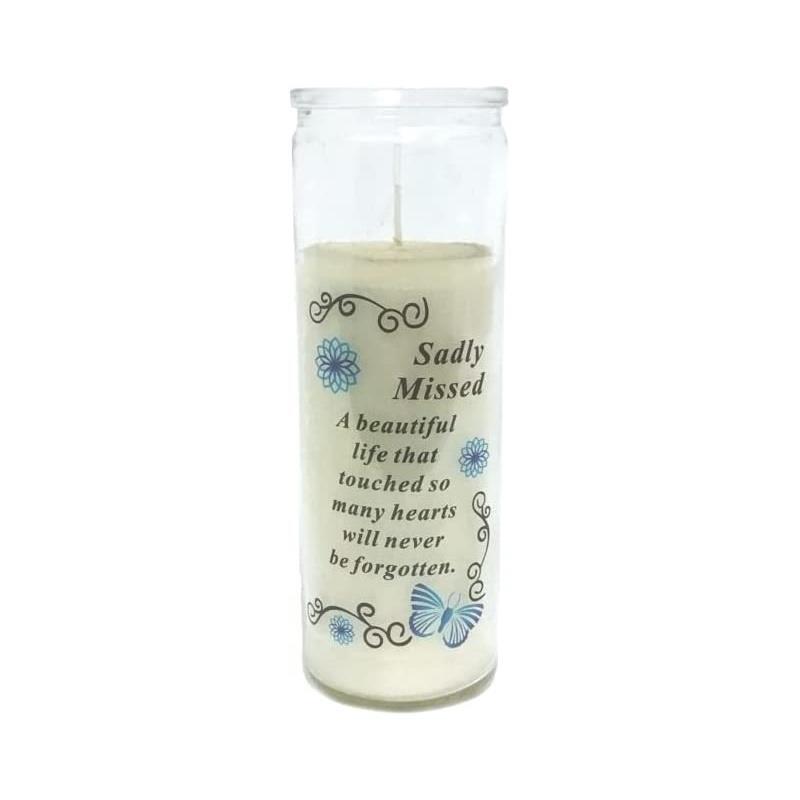Grave Memorial Ornament Glass Jar Wax Candle Sentiment Verse - Sadly Missed
