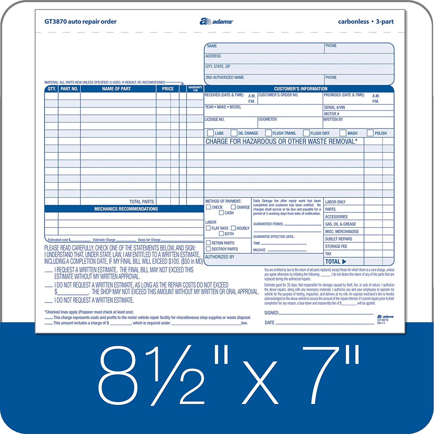 Adams Auto Repair Order Forms, 8.5 X 7.44, 3Part, Carbonless, 50Pack