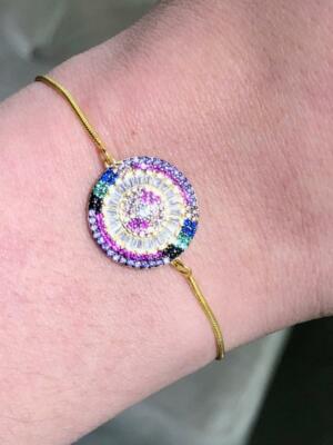 18k Gelbgold Sterlingsilber Regenbogen Saphir Böses Auge Halo Armband Gift