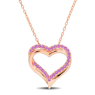 Amour Rose Plated Silver Created Pink Sapphire Crossover Heart Pendant  Chain