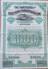 Hartford and New York Transportation Co. 1887 Bond Certificate Steamboat CT NY