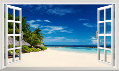 Malediven Strand Tropische Insel Magisches Fenster Wandbild Selbstklebendes Poster V1*