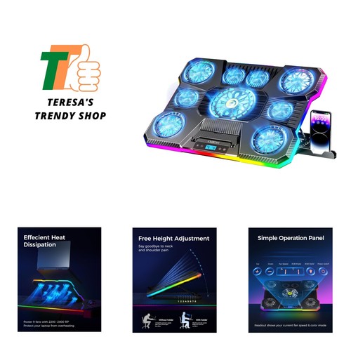 Laptop Cooling Pad, RGB Lights Laptop Cooler 9 Fans for 15.6-19.3 Inch Laptop... - 第 1/8 張圖片