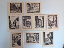 Serie de neuf gravures en noir et blanc originales signées vintage 1950