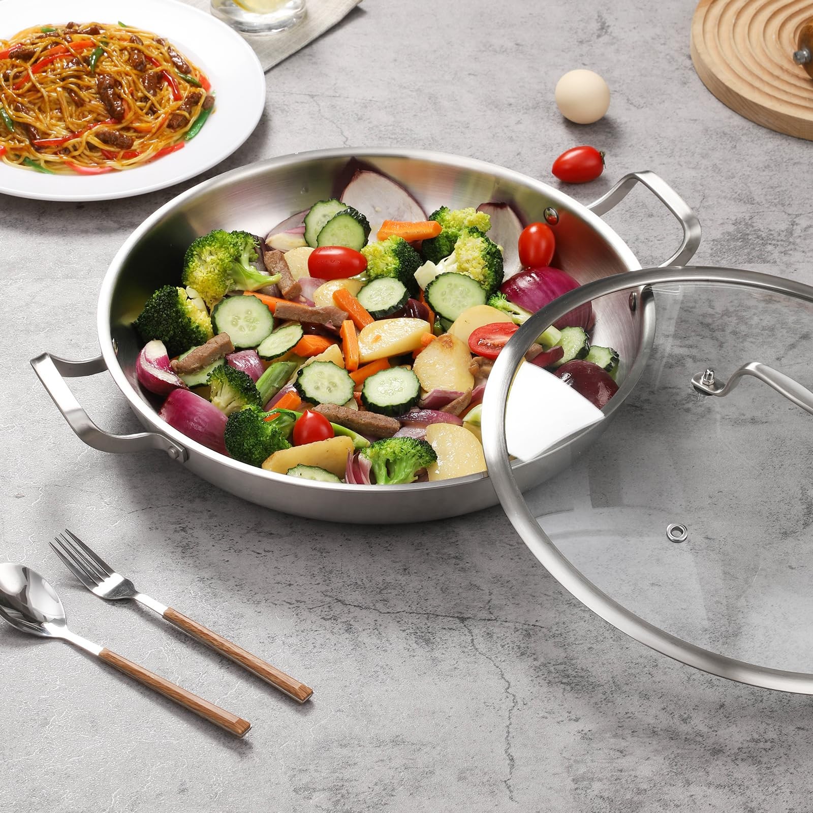 13 Inch Tri-Ply Stainless Steel Paella Pan With Lid, Big Frying Pan, kitchen ...