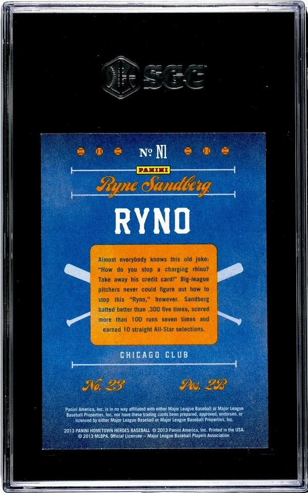 2013 Panini Hometown Heroes N1 Ryne Sandberg Nicknames RYNO SGC 10 GEM MINT - Image 2 of 2