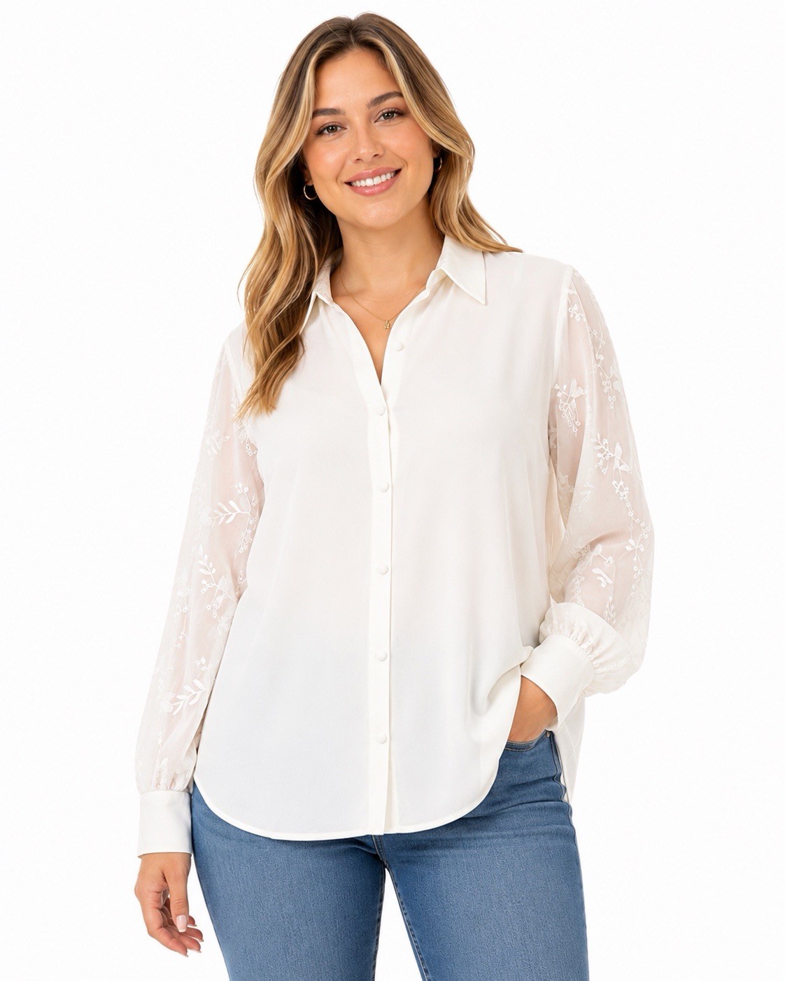 Soft Surroundings Womens White Embroidered Sleeve Button Blouse Top M