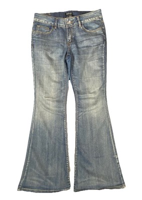 Allen B Womens Flare Jeans 10 Boot Mid rise Blue Rhinestones Boho Festival Ranch
