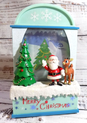 Gemmy Rudolph The Red-Nosed Reindeer Moving Snow Scene Music Box WORKING