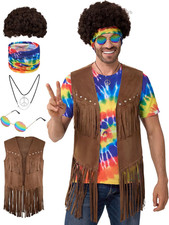 5 Pcs Men's Hippie Vest Costume, Halloween 70s Cosplay Party Outfit Set