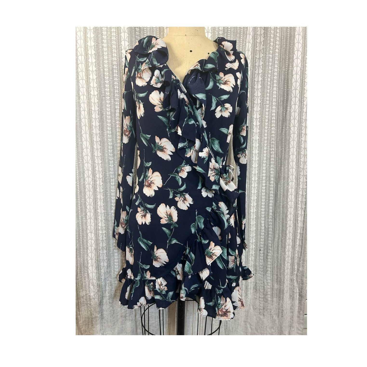 PrettyLittleThing Navy Floral Ruffle Wrap Mini Dress V-Neck Long Sleeve 8