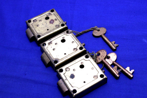 SET OF 3 Vintage Antique  ALL BRASS SAFE DRAWER LOCKS  READ 2-1/4" X 2" X 5/8"