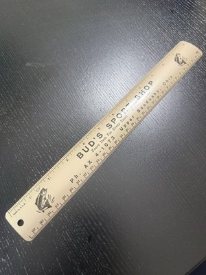 Bud s Sport Shop Upper Sandusky Ohio OH Old Vintage Tin Metal Ruler Fish Fishing