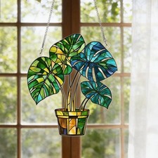 Monstera Plant Acrylic Suncatcher Stained Glass Style Window Hanging Decor