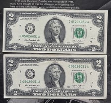 Two Dollar bill 2013 USA United states Note 2 consecutive Us paper money x2