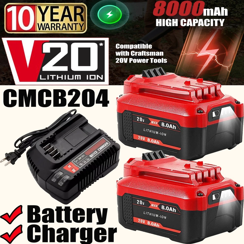 2PACK 20Volt For Craftsman V20 8.0Ah Li-ion Battery CMCB204 CMCB202 /Charger