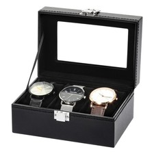 3 Slot PU Leather Watch Box Organizer Glass Lid Display Storage Case