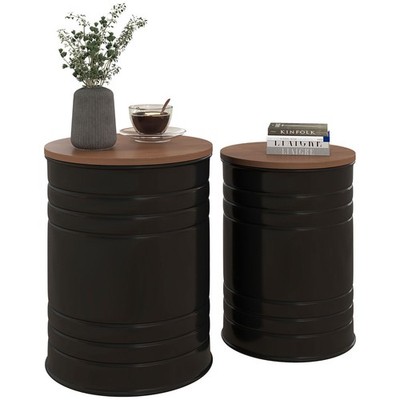 Set of 2 Round Side End Table Nesting Storage Ottomans for Bedroom Living Room
