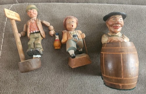 Vintage ANRI Hand Carved Wooden Mechanical Wine Bottle Stopper & 2 Wood Carving