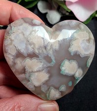 2.4" 72g Pretty Pink  Green Flower Agate Heart Crystal Palm Stone