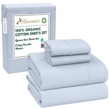 RUVANTI 100 Organic Cotton Sheets Queen Size, Percale Weave, GOTS Certified, 4-