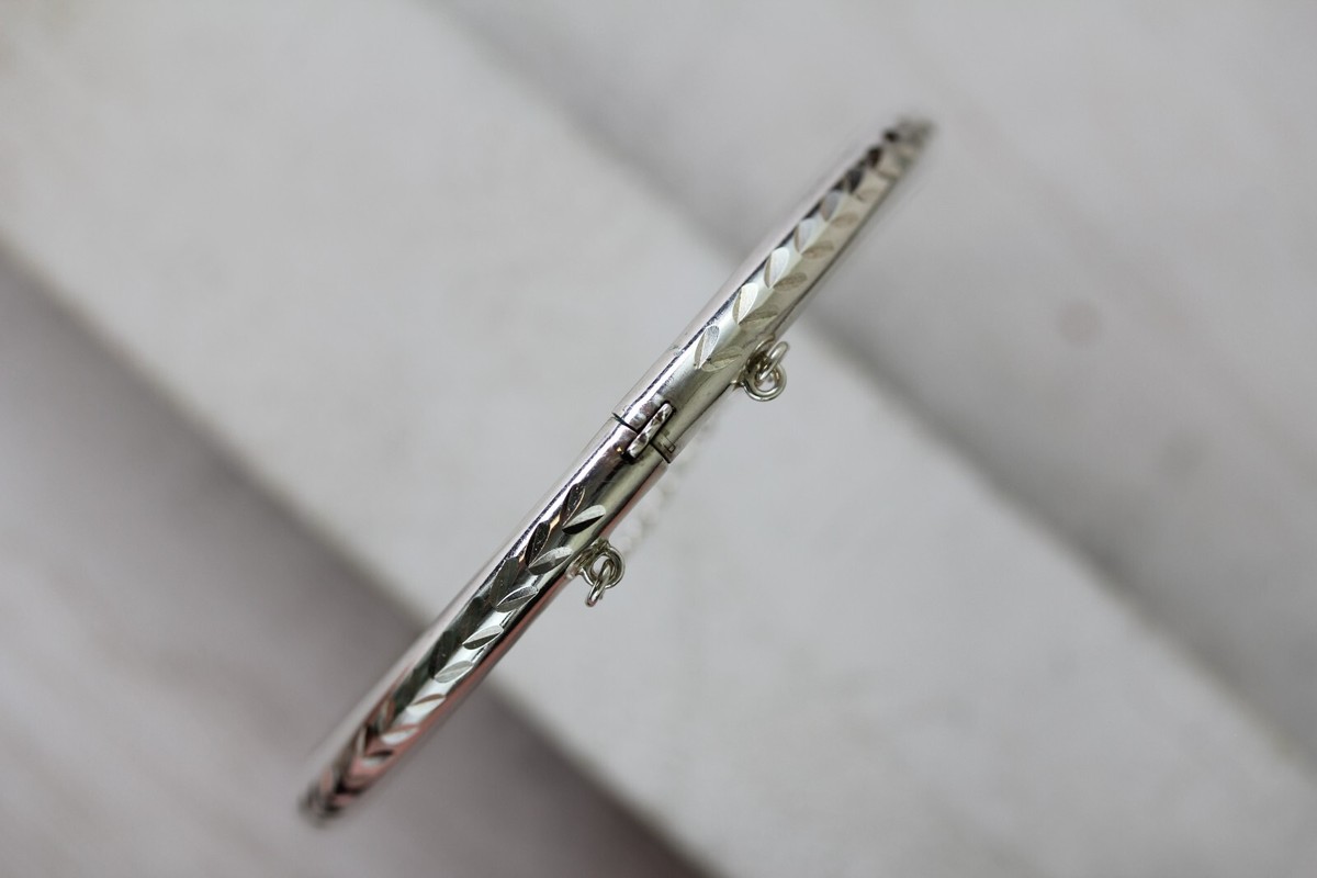 VINTAGE ETCHED STERLING SILVER 925 HINGED BANGLE BRACELET 7.25