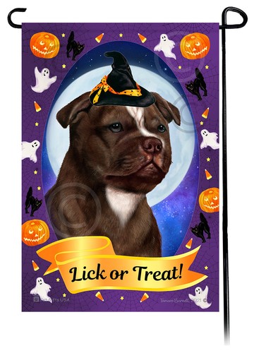 Halloween Garden Flag - Chocolate and White Staffordshire Bull Terrier - 第 1/1 張圖片