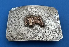 VTG Huge Heavy Antique Western Hand Engraved Sterling Silver Horses Belt Buckle
