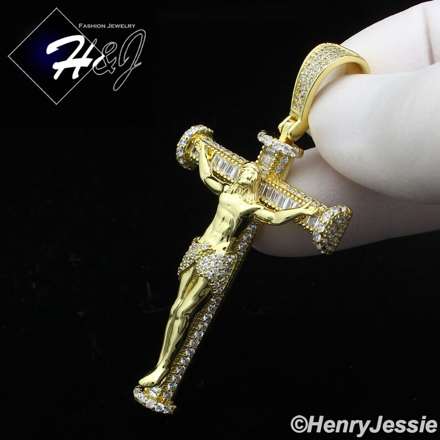 MEN 925 STERLING SILVER ICY BLING CZ GOLD PLATED JESUS CHRIST