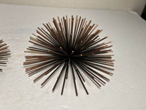 Set of 2 MCM Style Bronze Atomic Metal Starburst Sea Urchin Wall Hang Decor - Picture 8 of 13