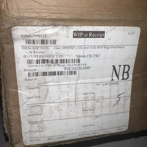 Cisco Model 892FSP C892FSP-K9 Gigabit Eth. Sec. Rt. 1GE & 1GE/It. Boxes Rough!! - Afbeelding 2 van 10