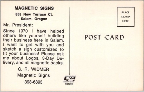 c1970s SALEM, Oregon Advertising Postcard "MAGNETIC SIGNS" C.R. Widmer / Unused - Picture 2 of 2