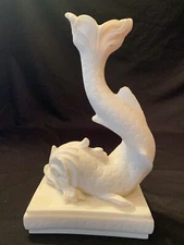 Vintage White Cast Stone Chinese Figural Dolphin Fish Candle Holder 