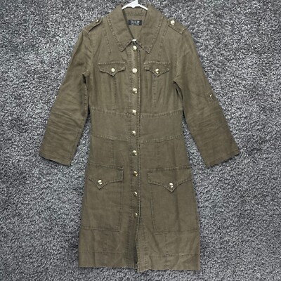 Tuzzi 100% Linen Shirt Dress Womens Army Green Button Front