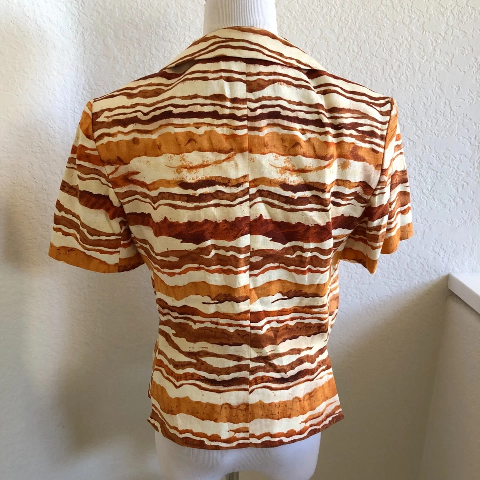 Blazer Rickie Freeman Teri Jon Vintage Talla 6 Lino Marrón Crema Top Abotonado Foto 4 de 4